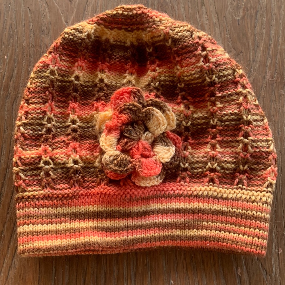Hand knit vintage inspired wool hat with flower